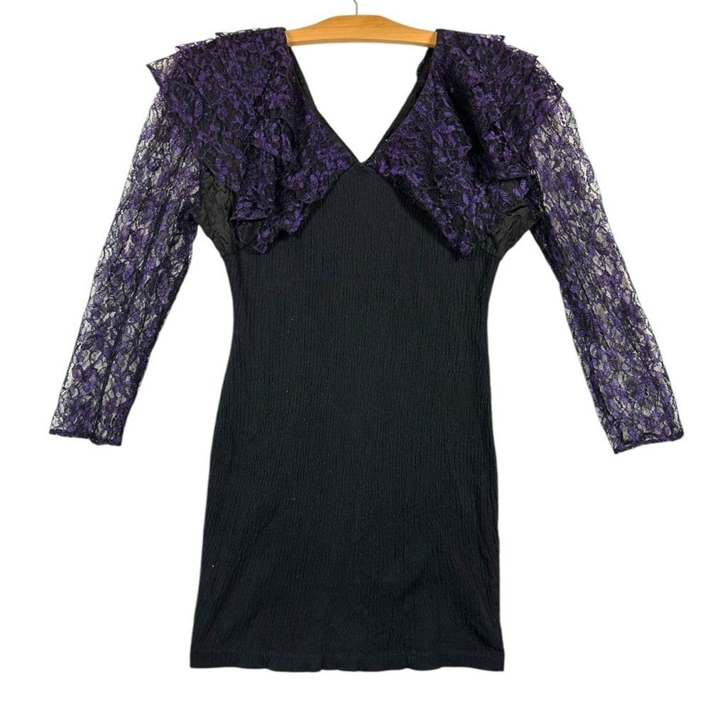 Vintage Womens Black & Purple Lace Bodycon Gothic 80s 90s Witchy USA size L